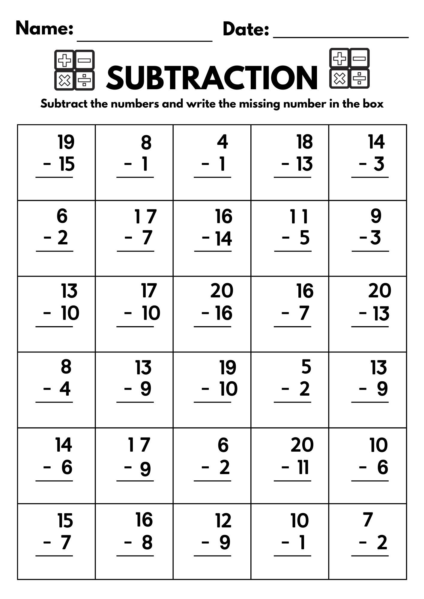 10 Printable Subtraction Fill In The Blanks Worksheets Numbers 1 20 For Kindergarten 1st Grade 2nd Grade Math Subtraction Worksheets Etsy