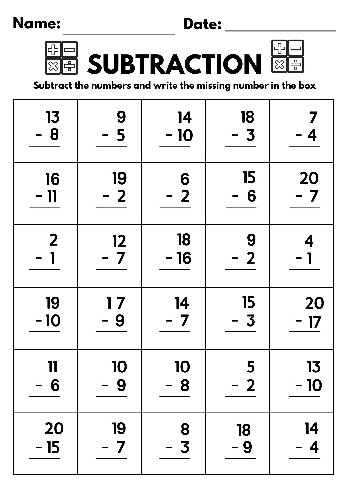 Subtraction Facts Worksheets 1st Grade