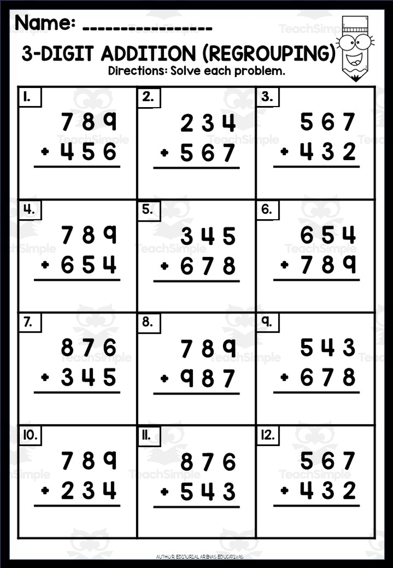 3 Digit Addition With Regrouping Worksheets Etsy