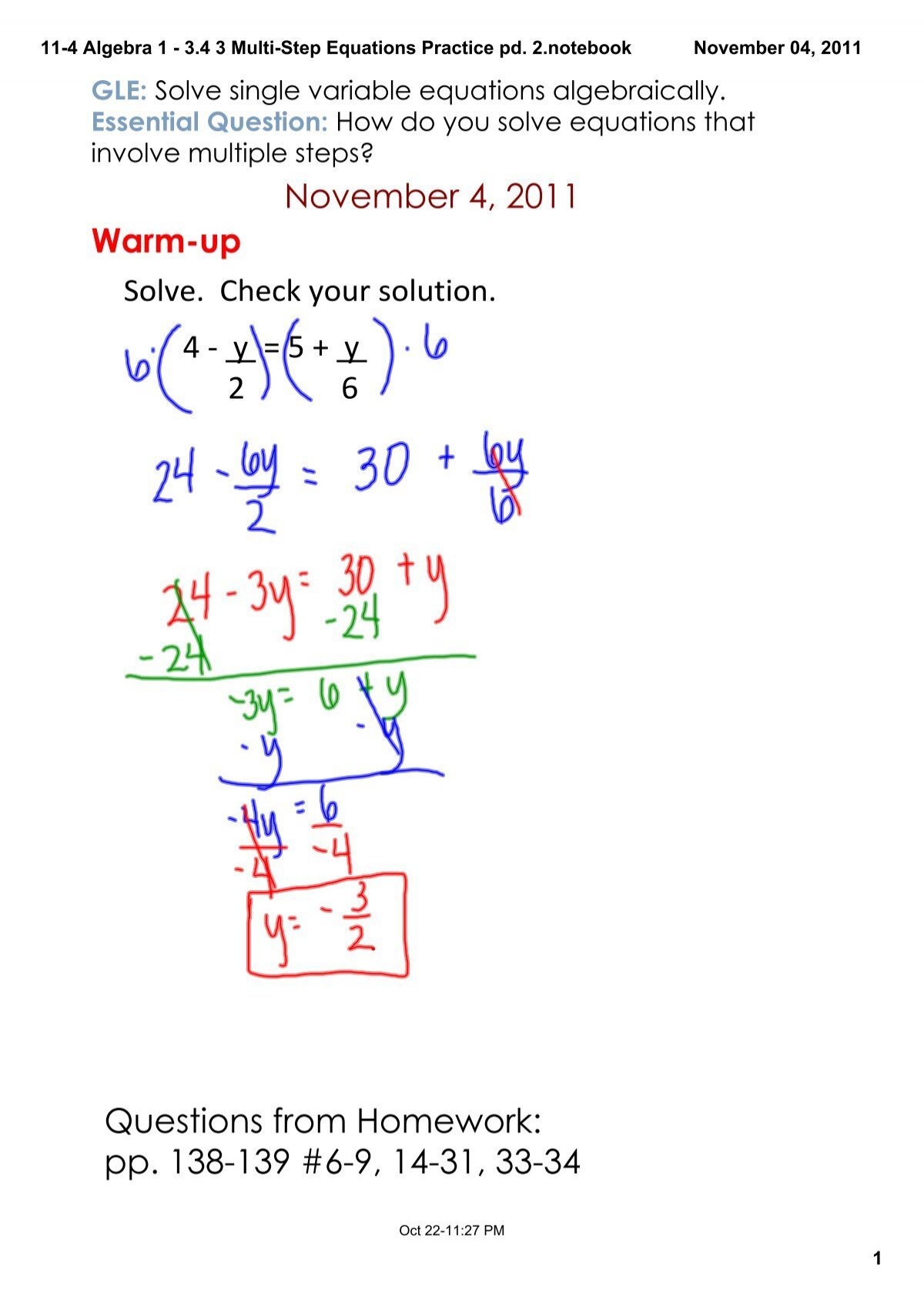 11 4 Algebra 1 3 4 3 Multi Step Equations Practice Pd 2 Notebook