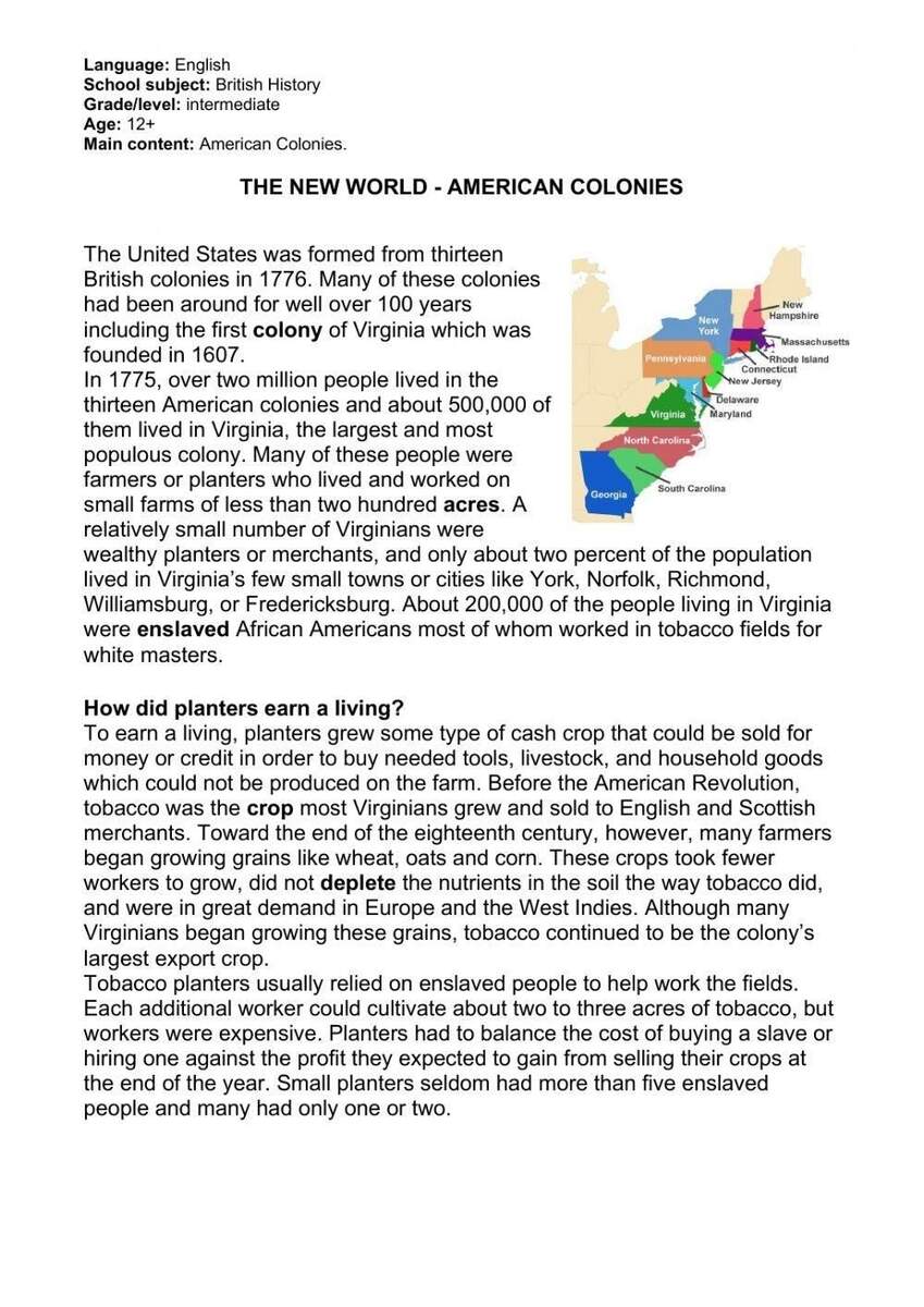 13 Colonies Reading And Listening Comprehension Worksheet