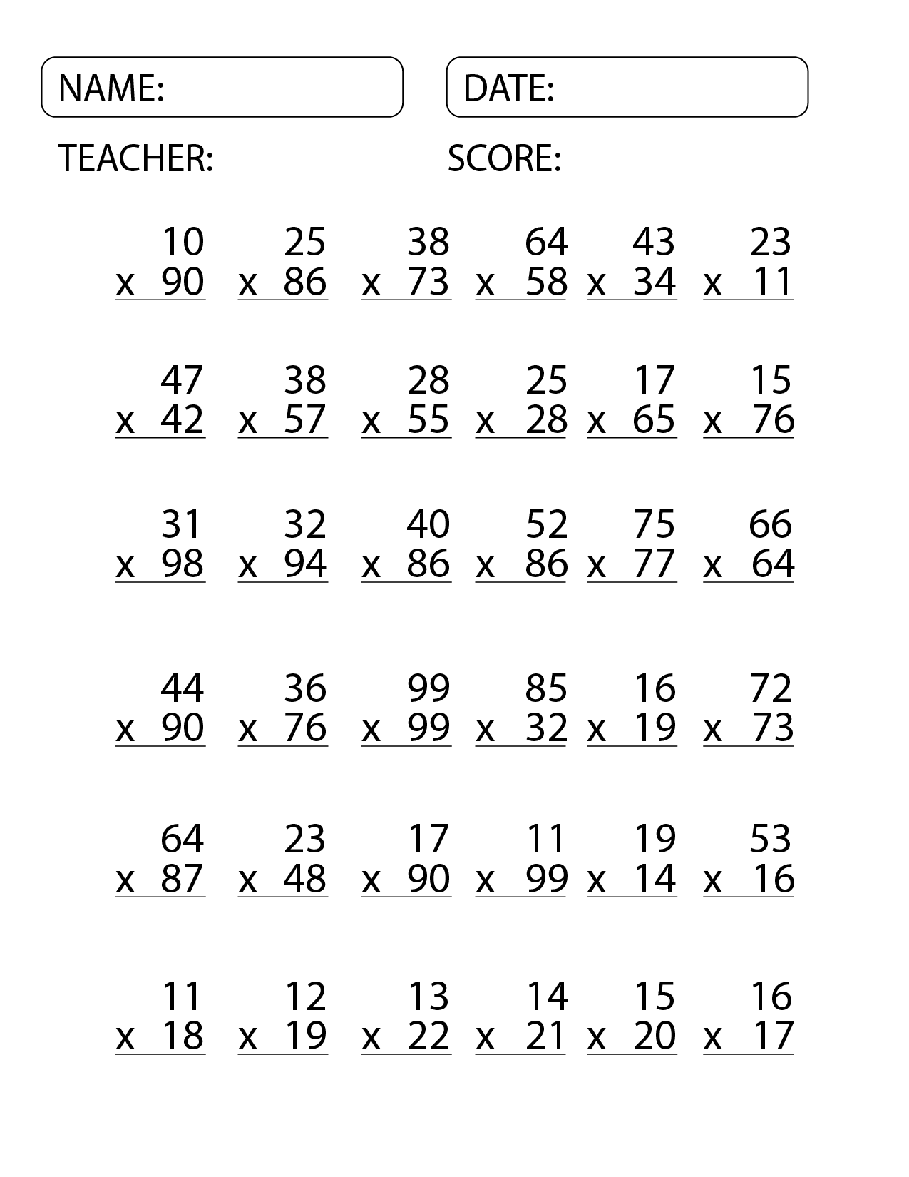Free 2 Digit By 2 Digit Multiplication Worksheets Teach Prints