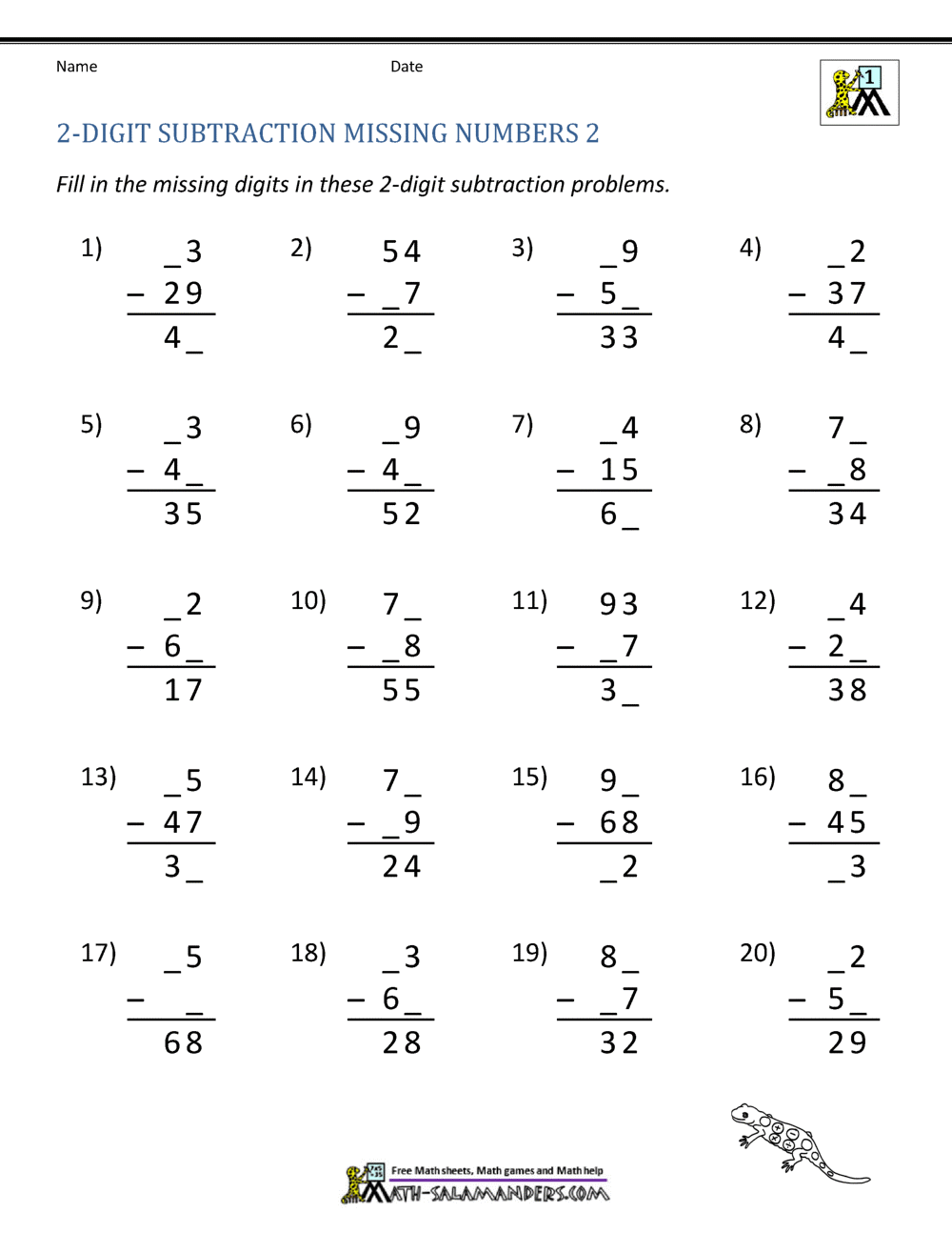 2 Digit Subtraction Worksheets