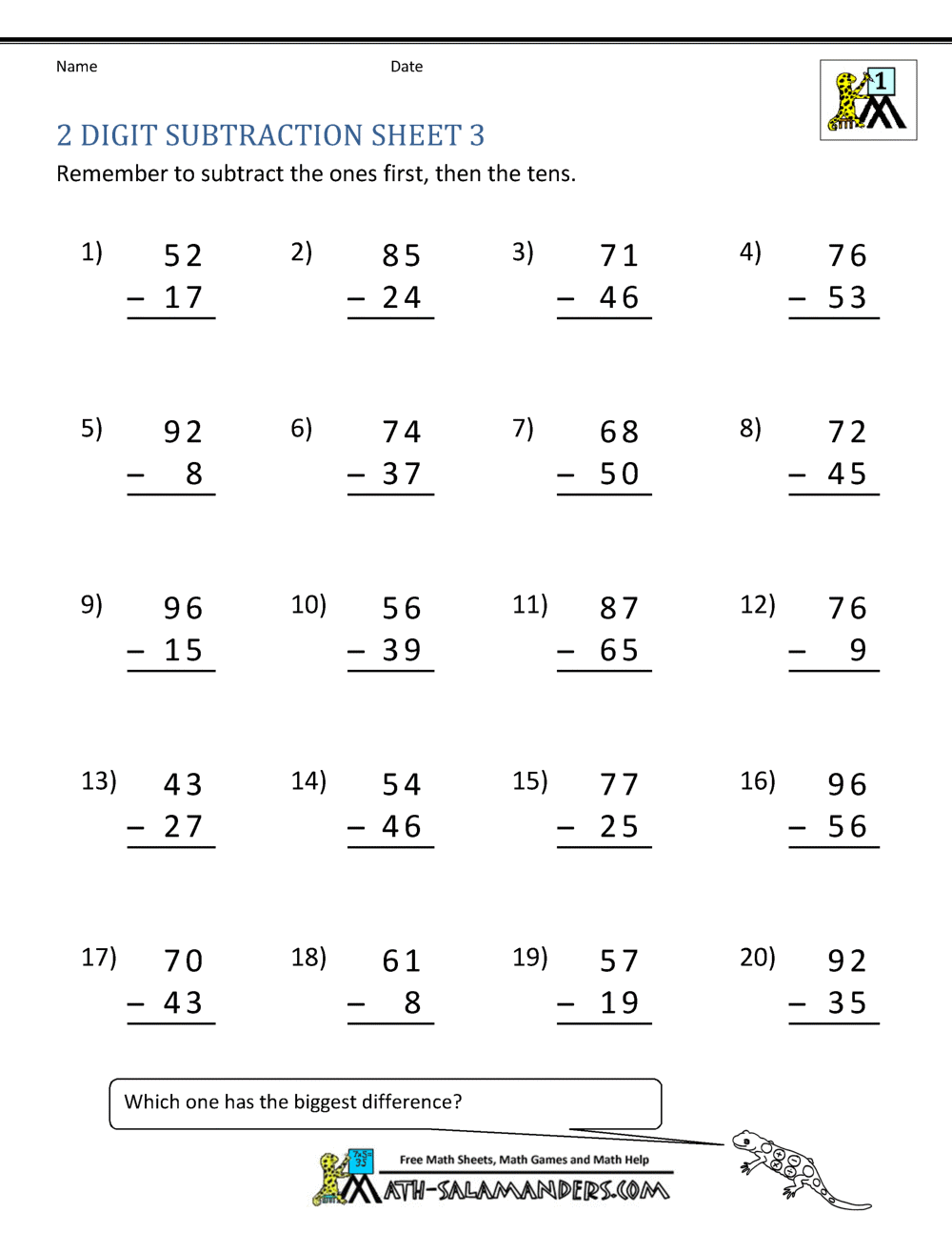 2 Digit Subtraction Worksheets