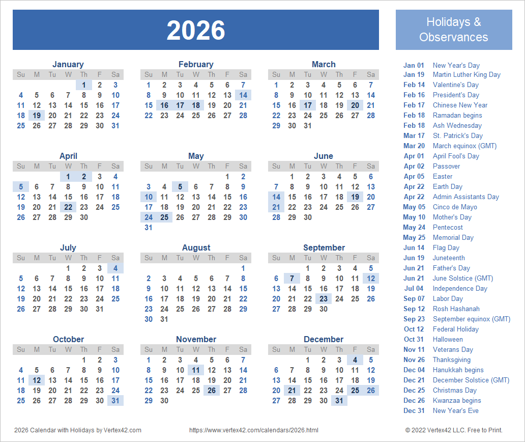 2026 Calendar Templates And Images Printable Calendar 2026 One Page With Holidays Single Page 2026 Yearly Blank PDF Templates