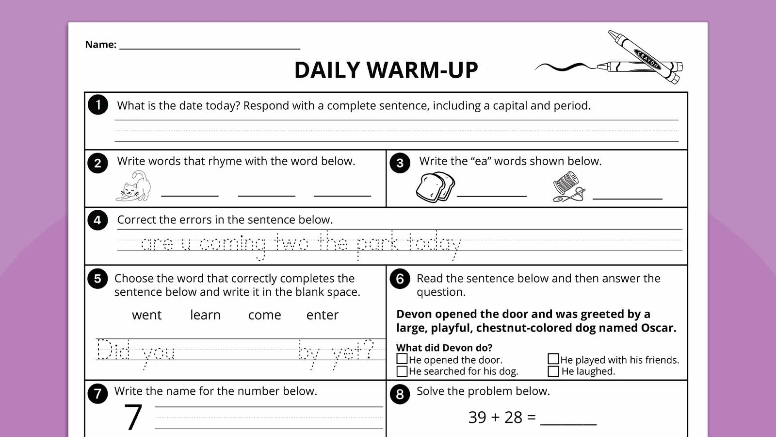 Free 2nd Grade Morning Work Homework