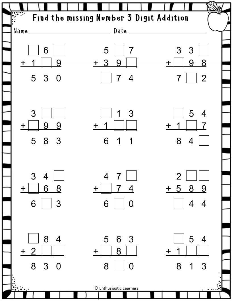 3 Digit Addition With Regrouping Missing Numbers Worksheets Practice Activity Teaching Resources