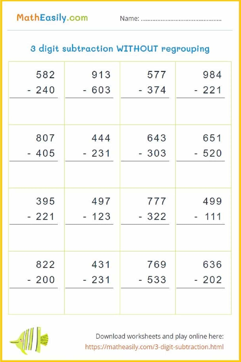Three Digit Subtraction Worksheets