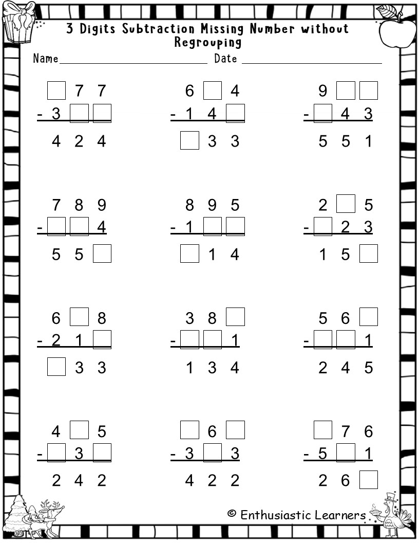 3 Digit Subtraction Without Regrouping Missing Numbers Find The Missing Minuend Subtrahend Or Diff Teaching Resources