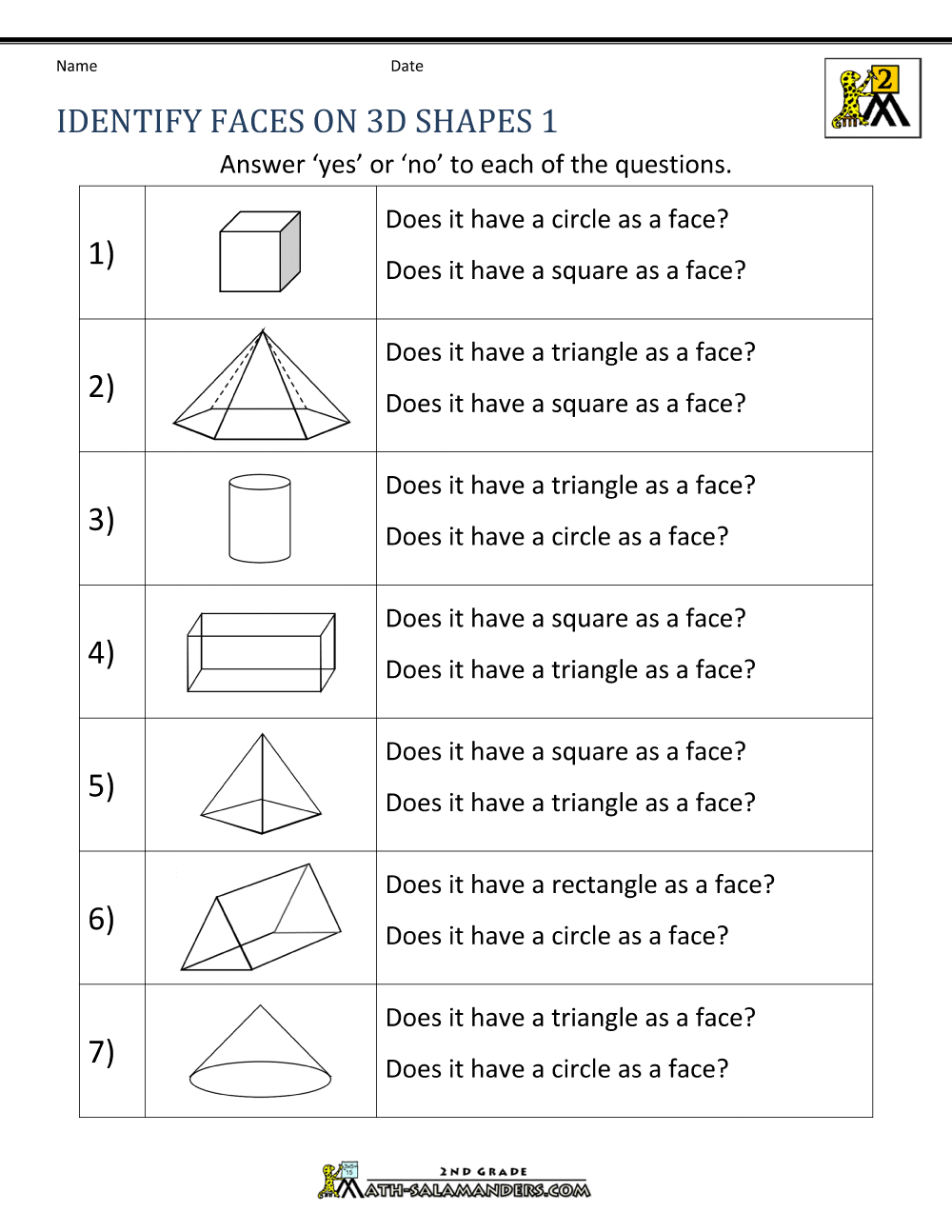 3d Shapes Worksheets 2nd Grade