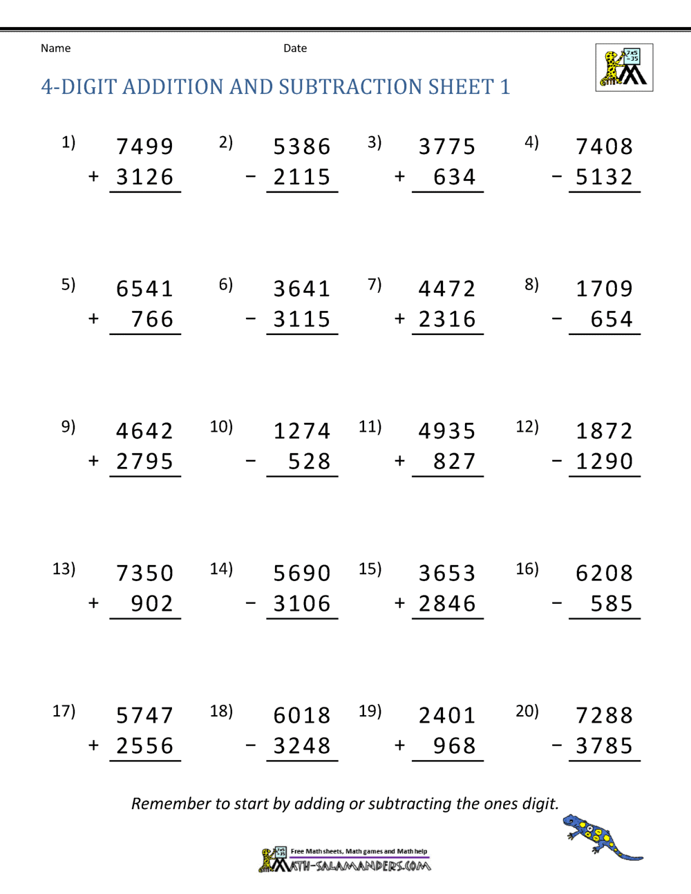 4 Digit Addition And Subtraction Worksheets 4 Digit Addition And Subtraction Worksheets