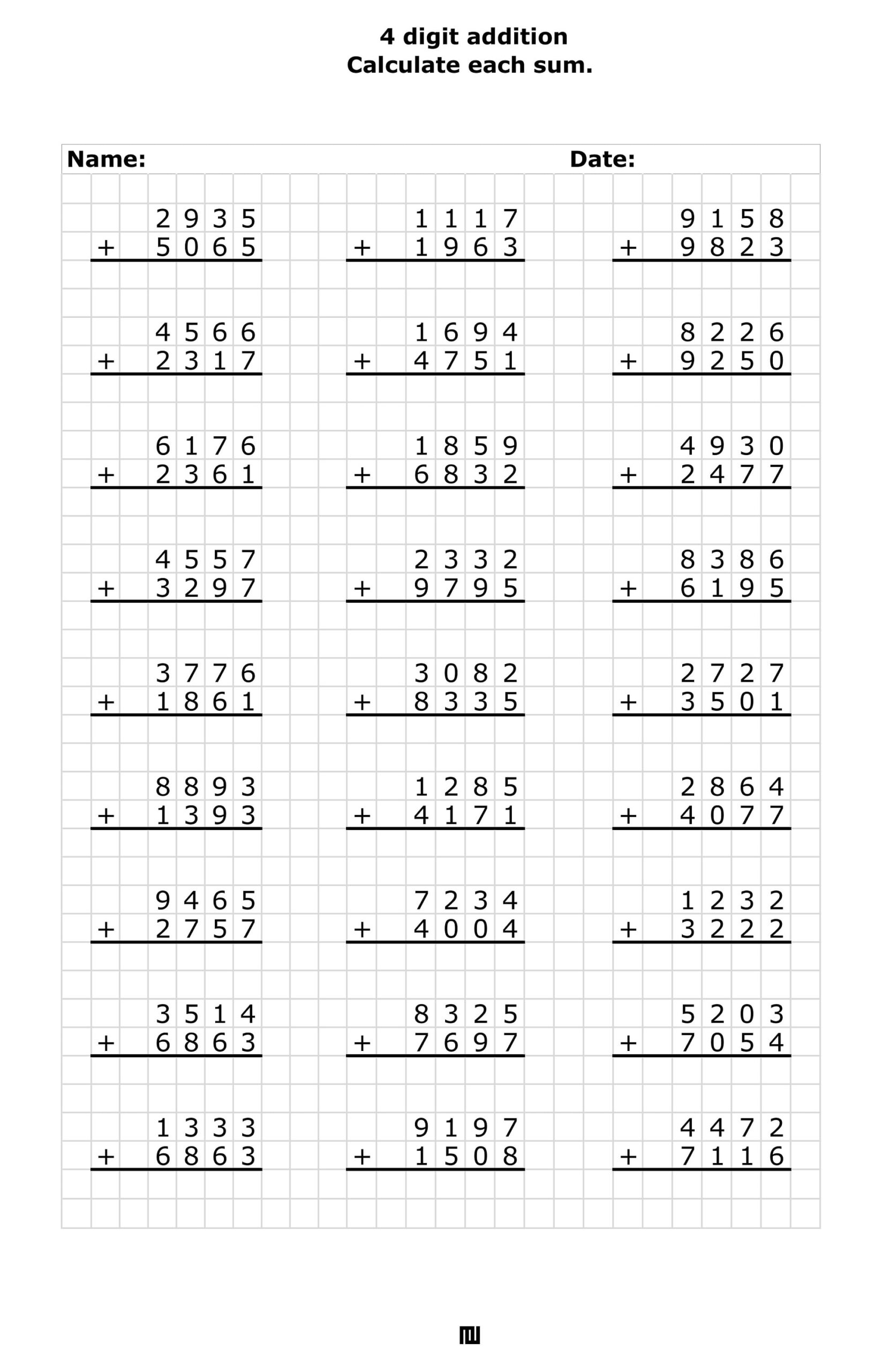 Fourth Grade Addition Worksheet