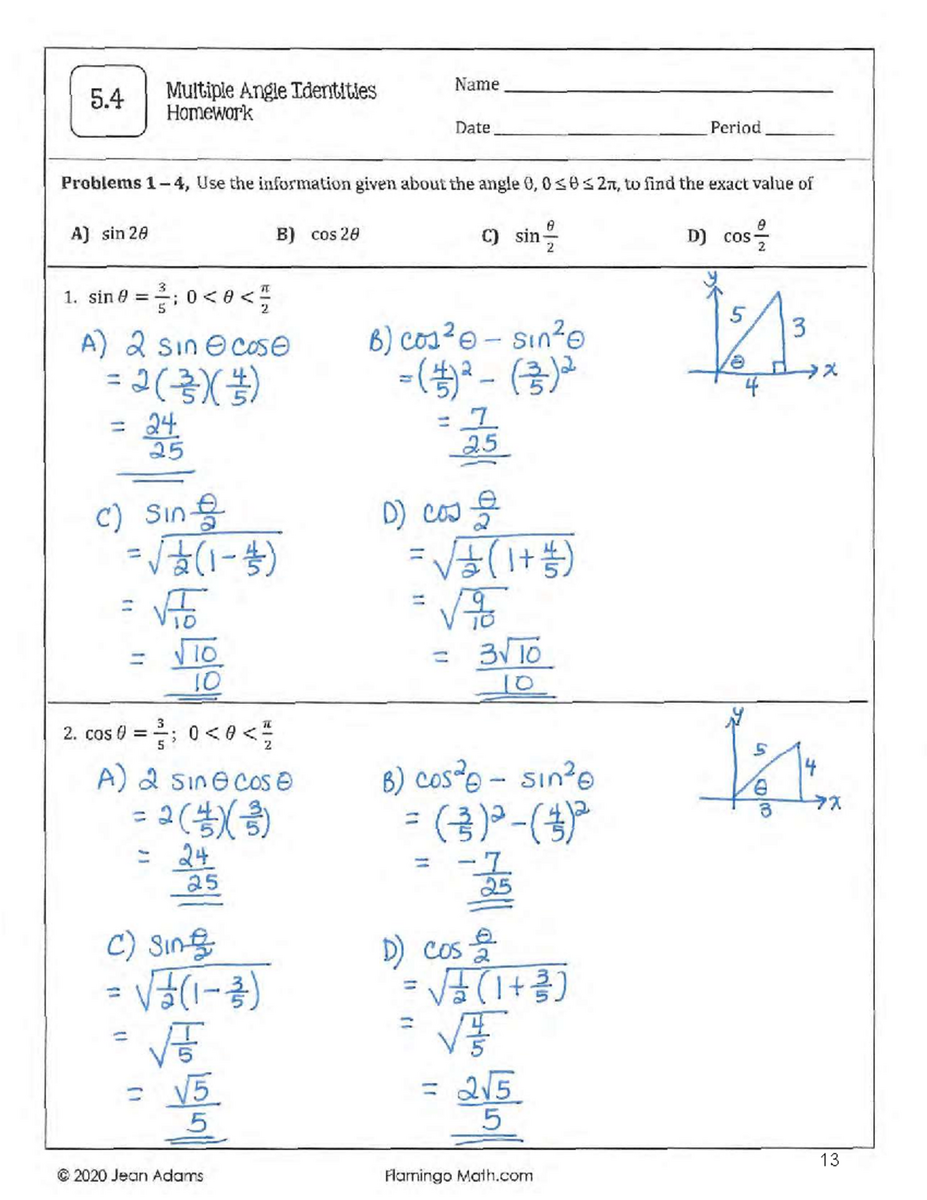 5 4 Multiple Angle Identities Homework Solutions And Problems Studocu Evaluate Trig Equations Using The Double Angle Formula