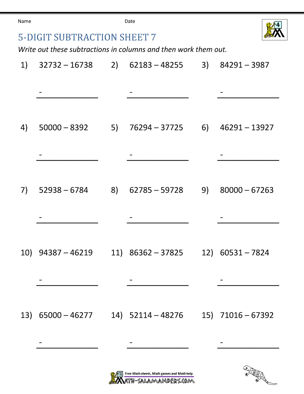 Column Subtraction 5 Digits Sheet 3