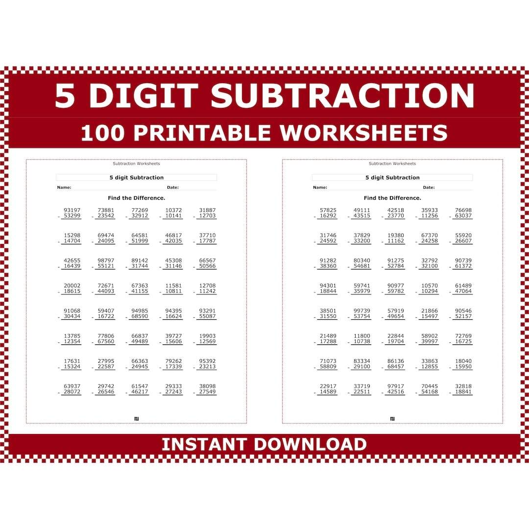 5 Digit Subtraction Worksheets 100 Printable Pages PDF Etsy