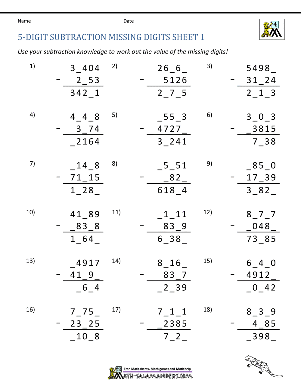 5 Digit Subtraction Worksheets