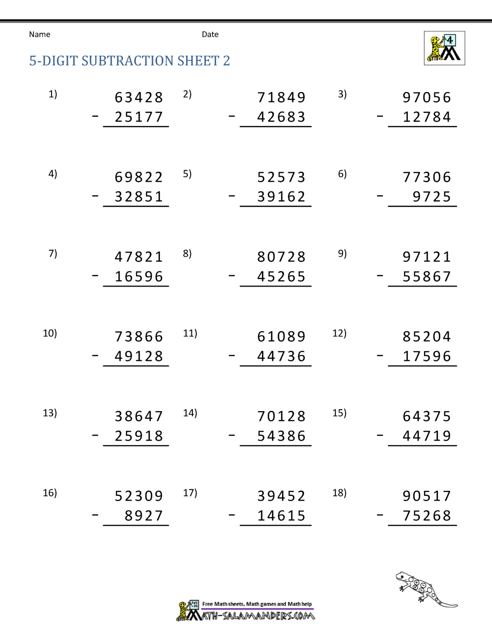 5 Digit Subtraction Worksheets