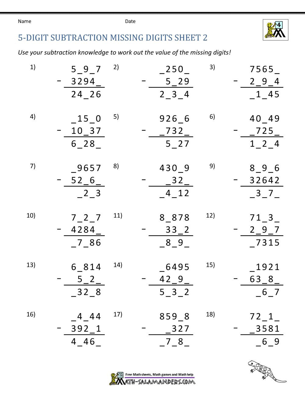 5 Digit Subtraction Worksheets
