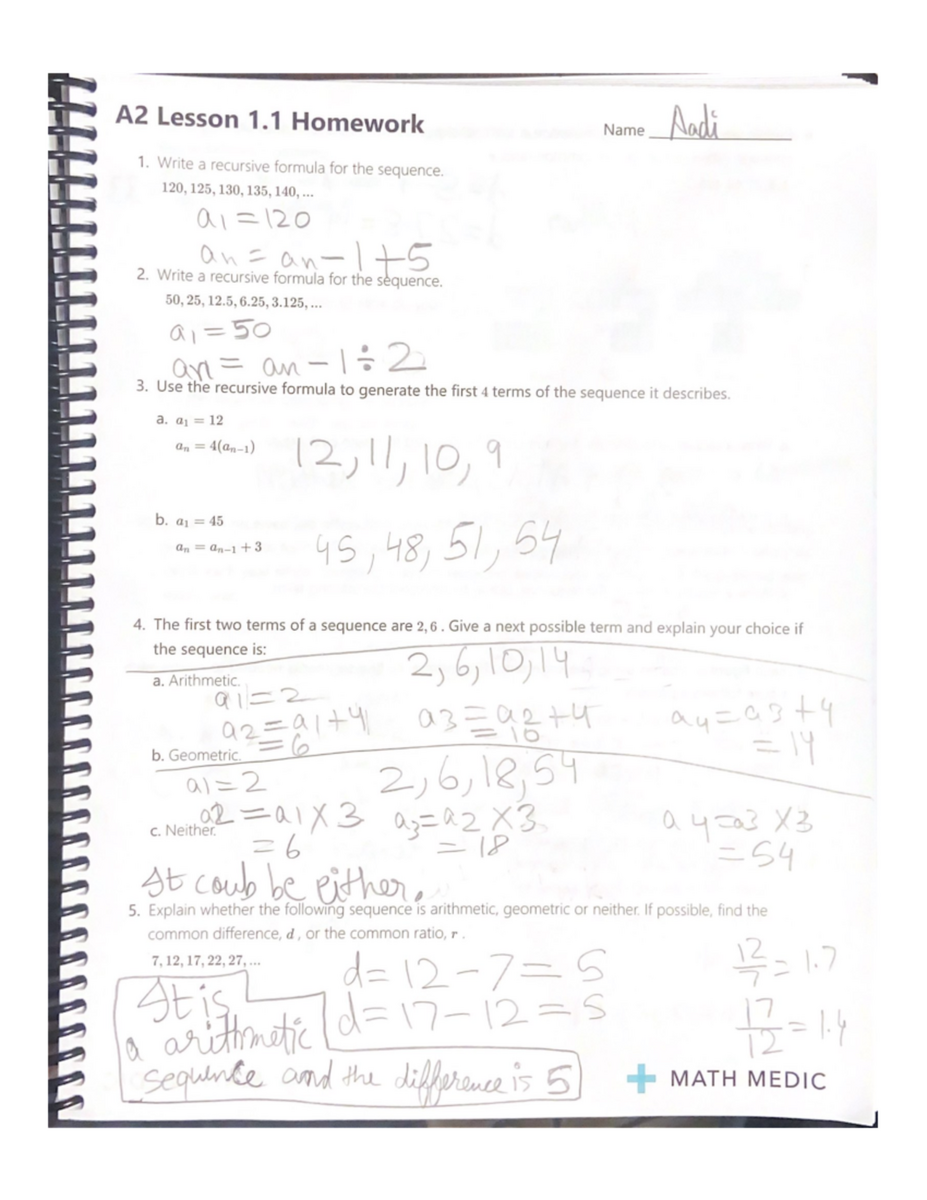 A2 Math Lesson 1 1 Homework Recursive Sequences Formulas Studocu A2 Math Lesson 1 1 Homework Recursive Sequences Formulas Studocu