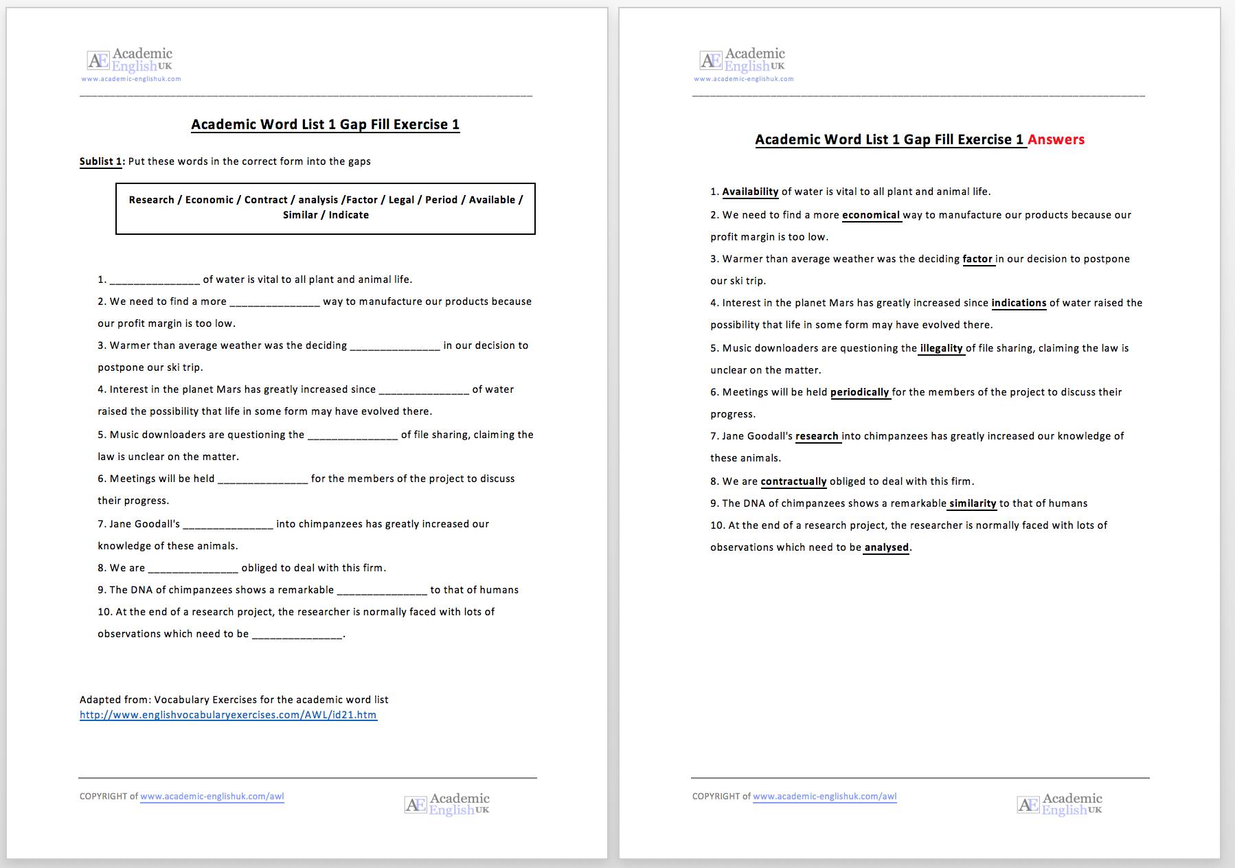 Academic Word List AWL AWL Lessons AWL Worksheets