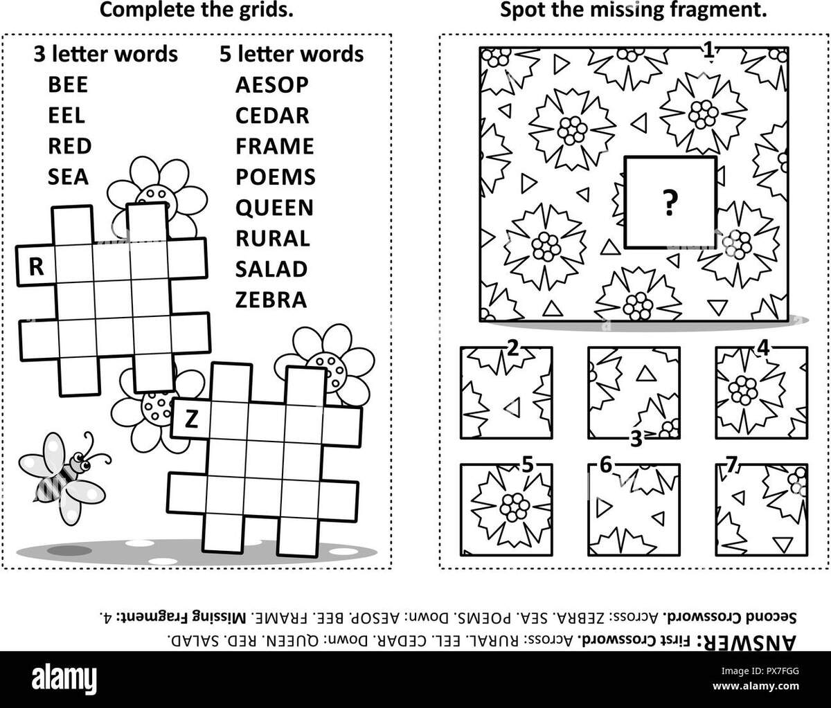 Activity Page With Two Puzzles Fill In Crossword Puzzle Or Word Game Spot The Missing Fragment Of The Pattern Black And White Answers Included Stock Vector Image Art Alamy