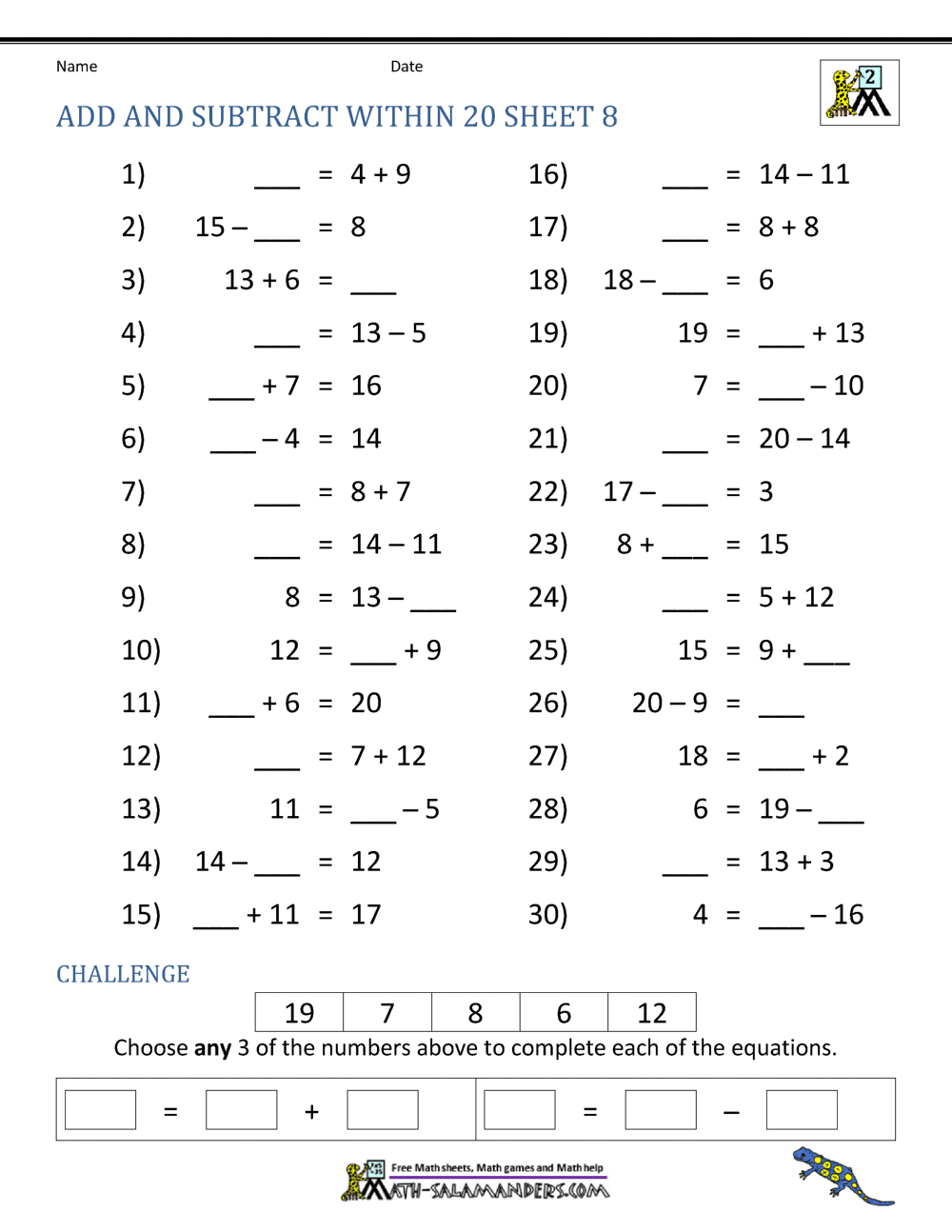 Add And Subtract Within 20 Add And Subtract Within 20