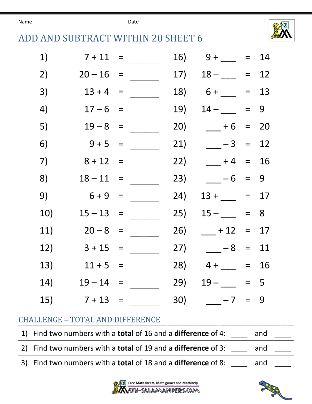 Add And Subtract Within 20