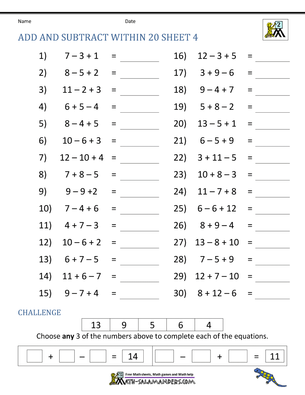 Add And Subtract Within 20