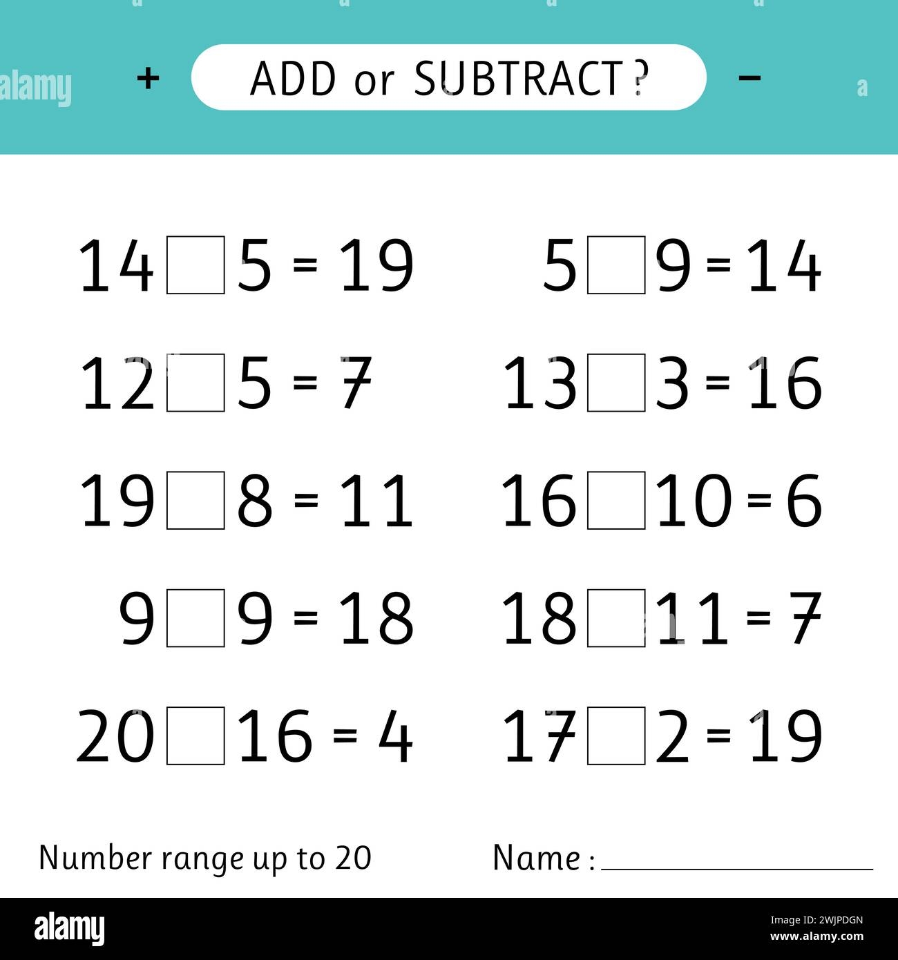 Add Or Subtract Number Range Up To 20 Mathematical Exercises Addition And Subtraction Worksheets For Kids Vector Illustration Vector Illustratio Stock Vector Image Art Alamy