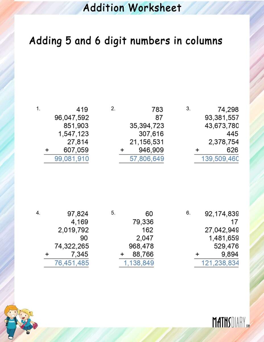Adding 5 And 6 Digit Numbers In Columns Worksheets Math Worksheets MathsDiary Adding 5 And 6 Digit Numbers In Columns Worksheets Math Worksheets MathsDiary