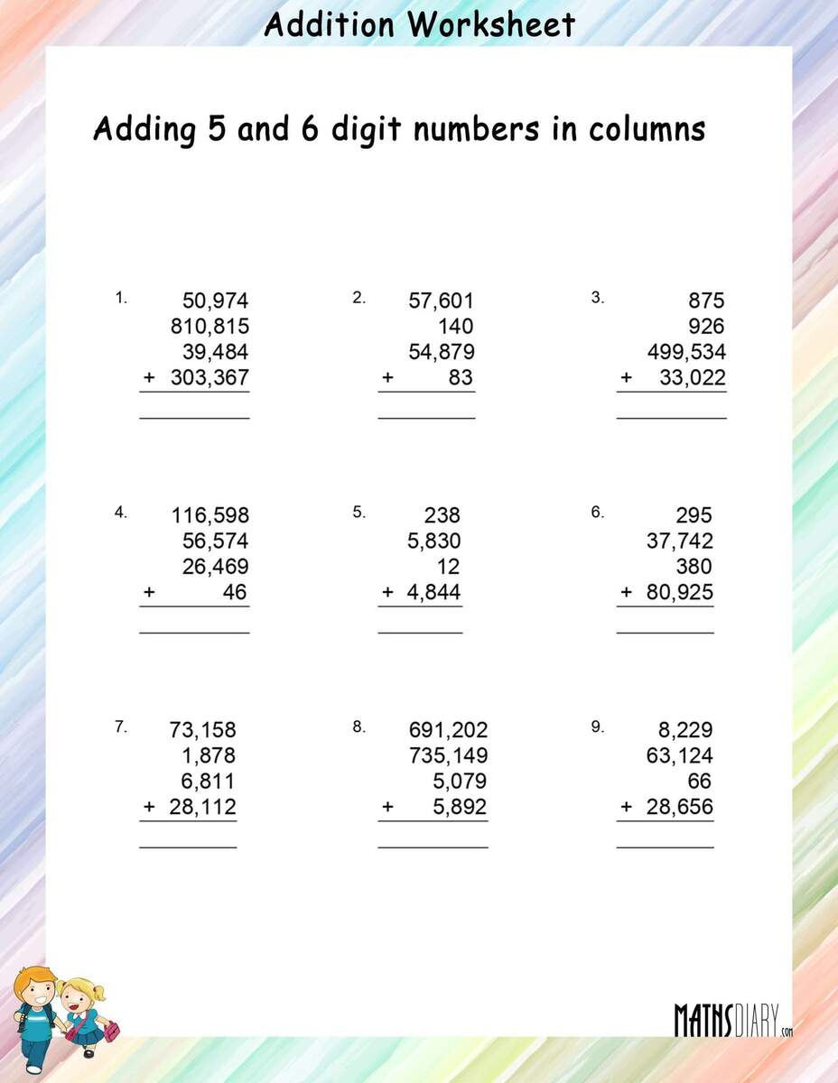 Adding 5 And 6 Digit Numbers In Columns Worksheets Math Worksheets MathsDiary 5 Digit 6 Digit Addition Subtraction With Without Regrouping Worksheets Made By Teachers
