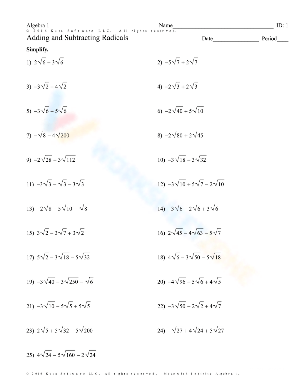 Adding And Subtracting Radicals Worksheets Printable