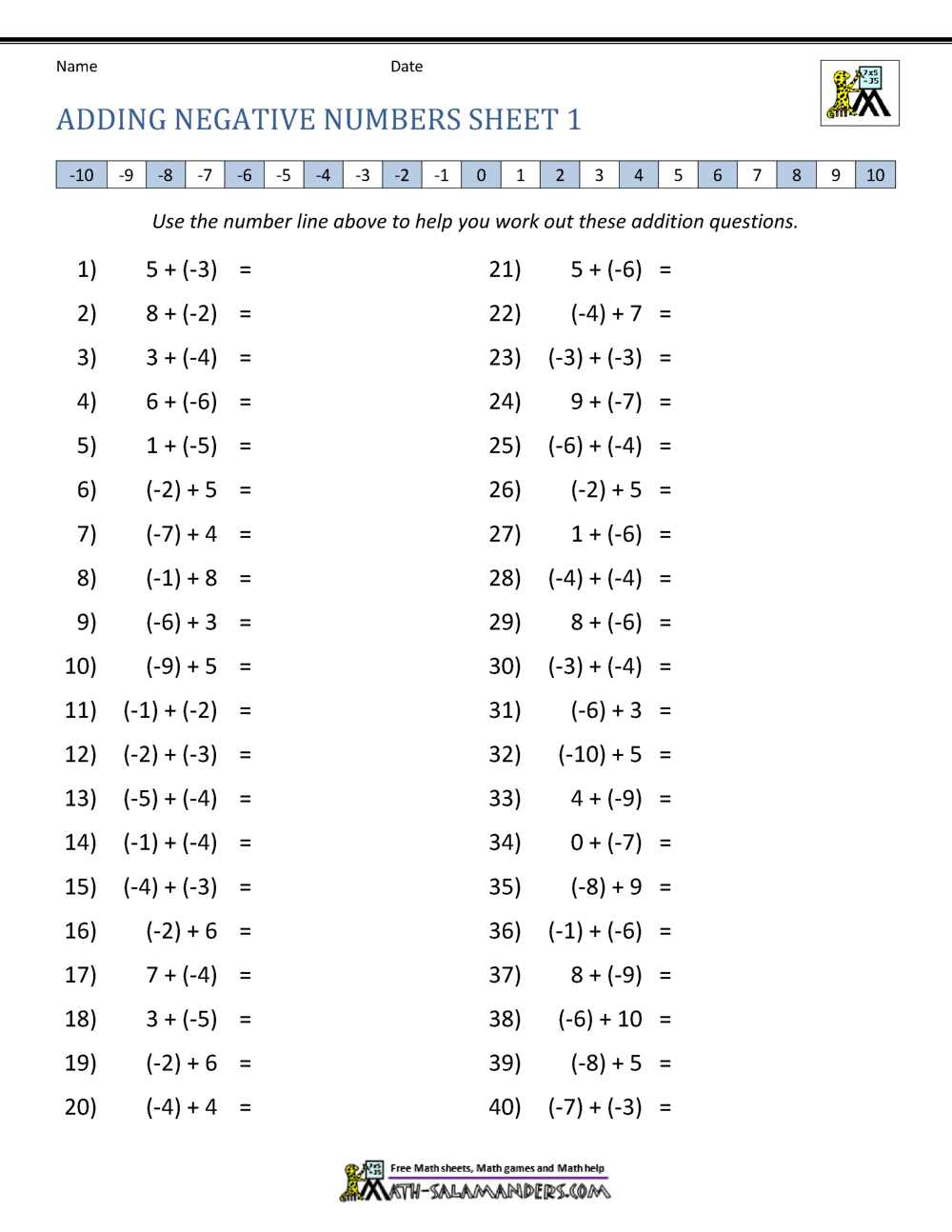 Adding Positive And Negative Numbers Worksheets Library