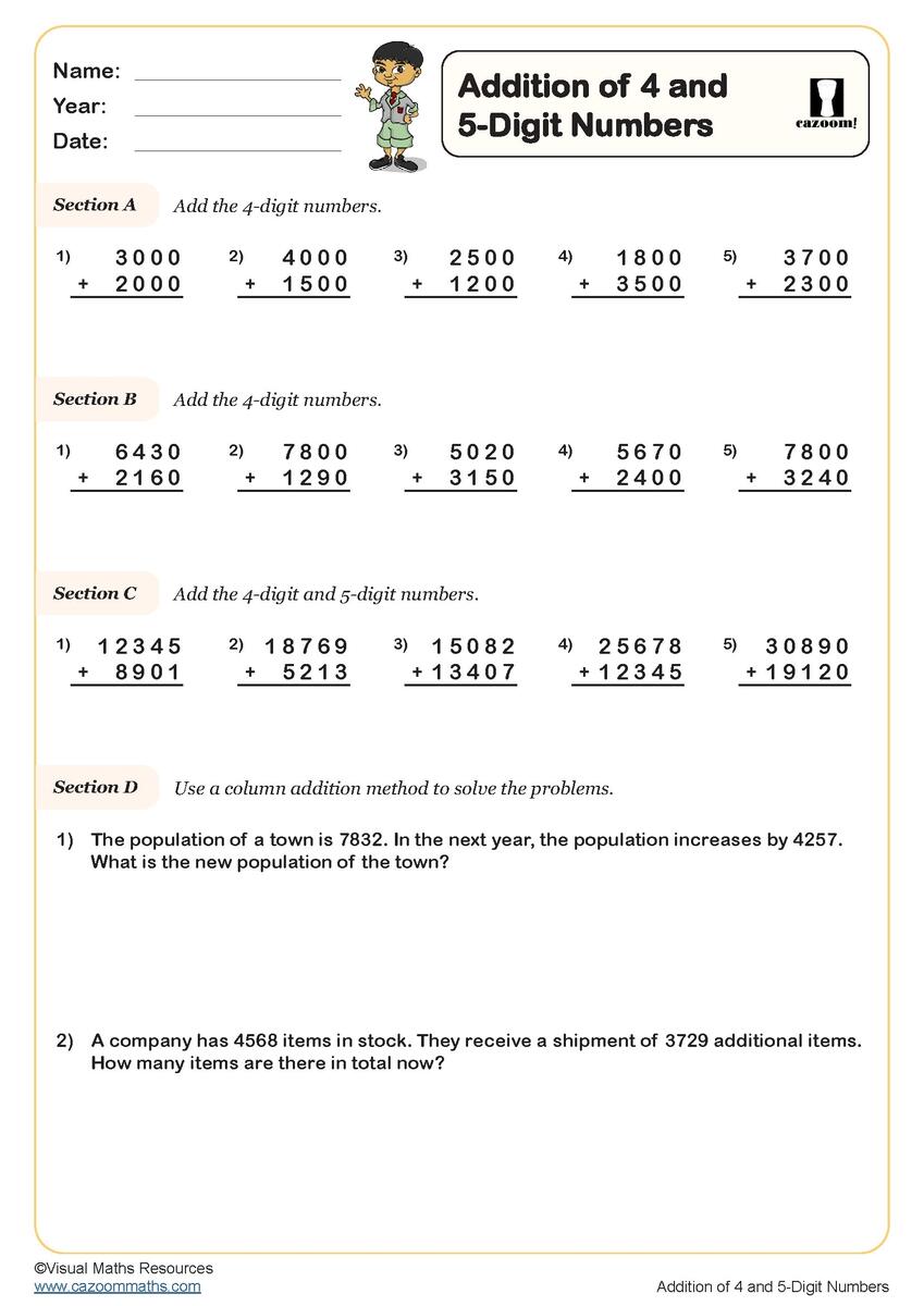 Addition Of 4 And 5 Digit Numbers Worksheet Key Stage 2 PDF Number Worksheets Addition Of 4 And 5 Digit Numbers Worksheet Key Stage 2 PDF Number Worksheets