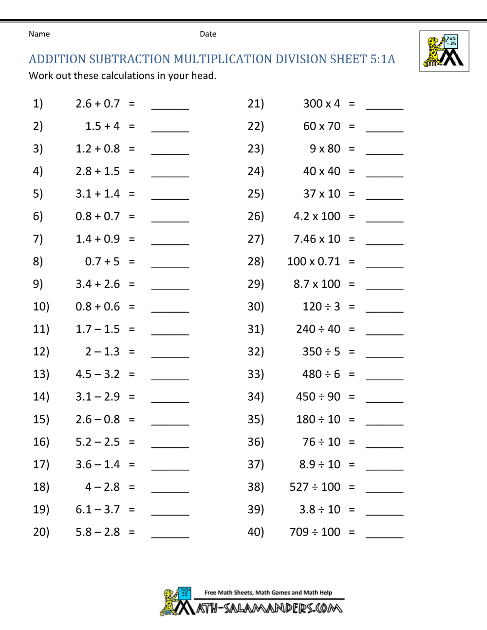 Addition Subtraction Multiplication Division Worksheets Multiplying And Dividing Decimals Worksheet 5th Grade PDF Worksheets Cazoom Math