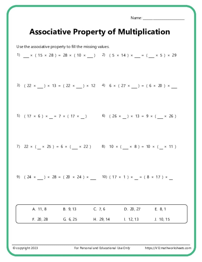 Associative Property Of Multiplication Worksheets