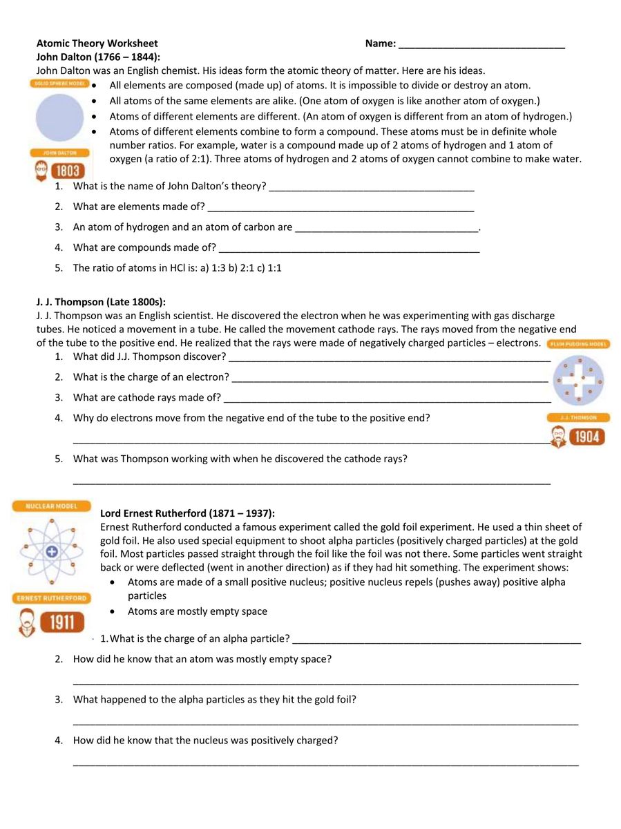 Atomic Theory Worksheet Dalton Thomson Rutherford Bohr Atomic Theory Worksheet Dalton Thomson Rutherford Bohr