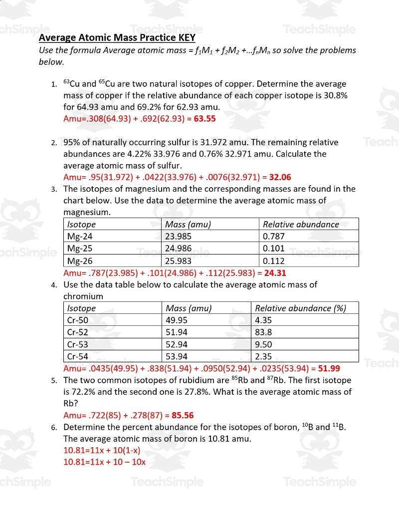 Average Atomic Mass Worksheet