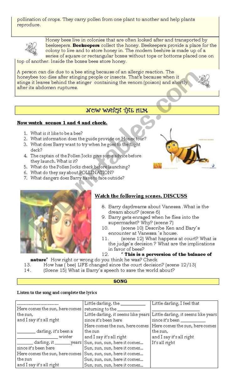BEE MOVIE GUIDE AND ACTIVITIES ESL Worksheet By Greenwood DVD Session Bee Movie ESL Worksheet By Vanee