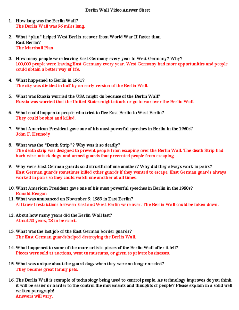 Berlin Wall Video Answer Sheet 3 Key Facts And Analysis Studocu