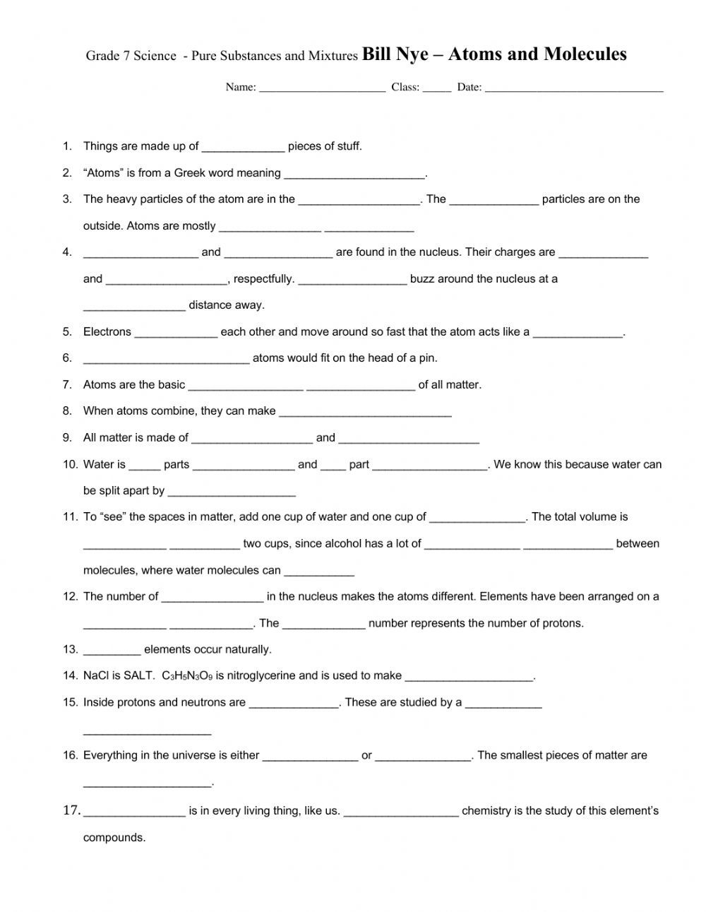 Bill Nye Atoms Worksheet Answers