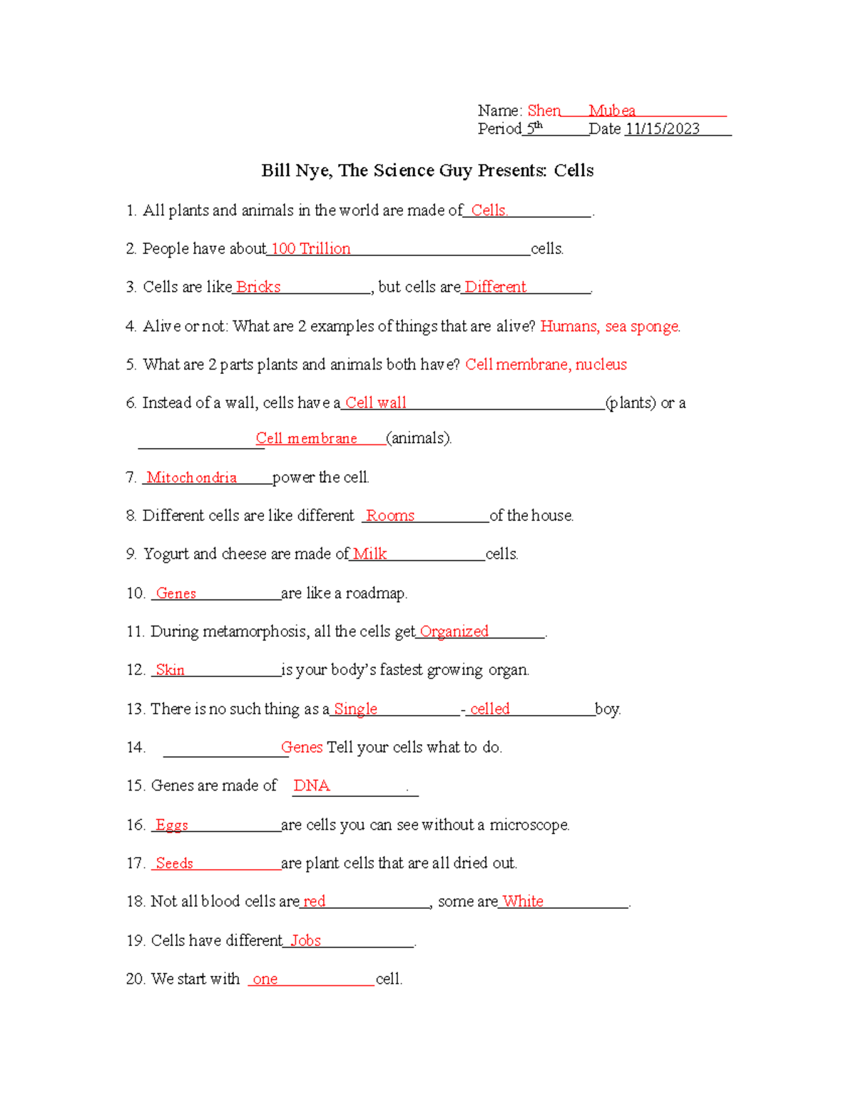 Bill Nye Genes Video Worksheet Answer Key Biology 101 Studocu