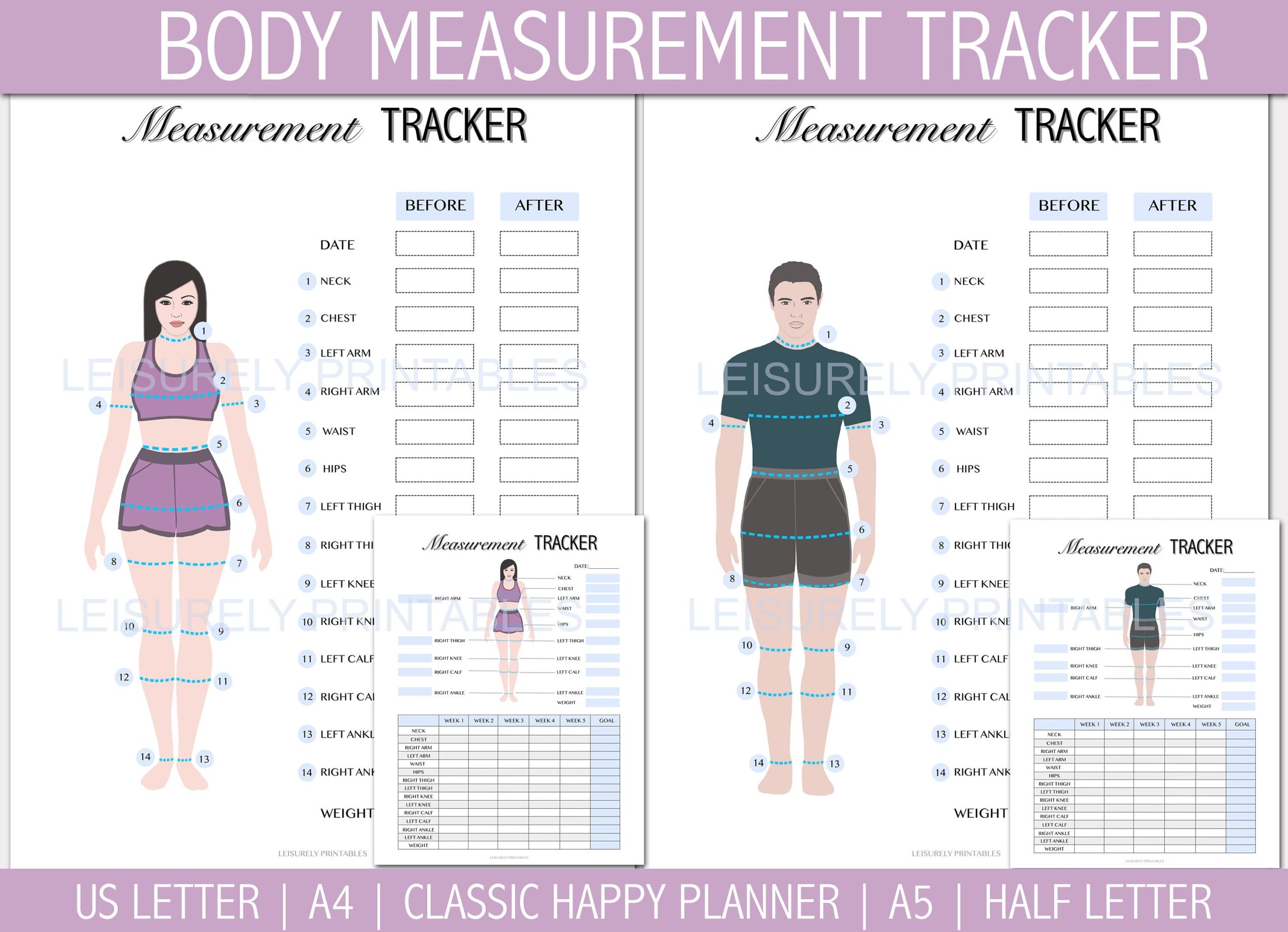 Body Measurement Tracker Weight Loss Tracker Printable Male And Female PDF US Letter Classic Happy Planner A4 A5 Half Letter Etsy Denmark