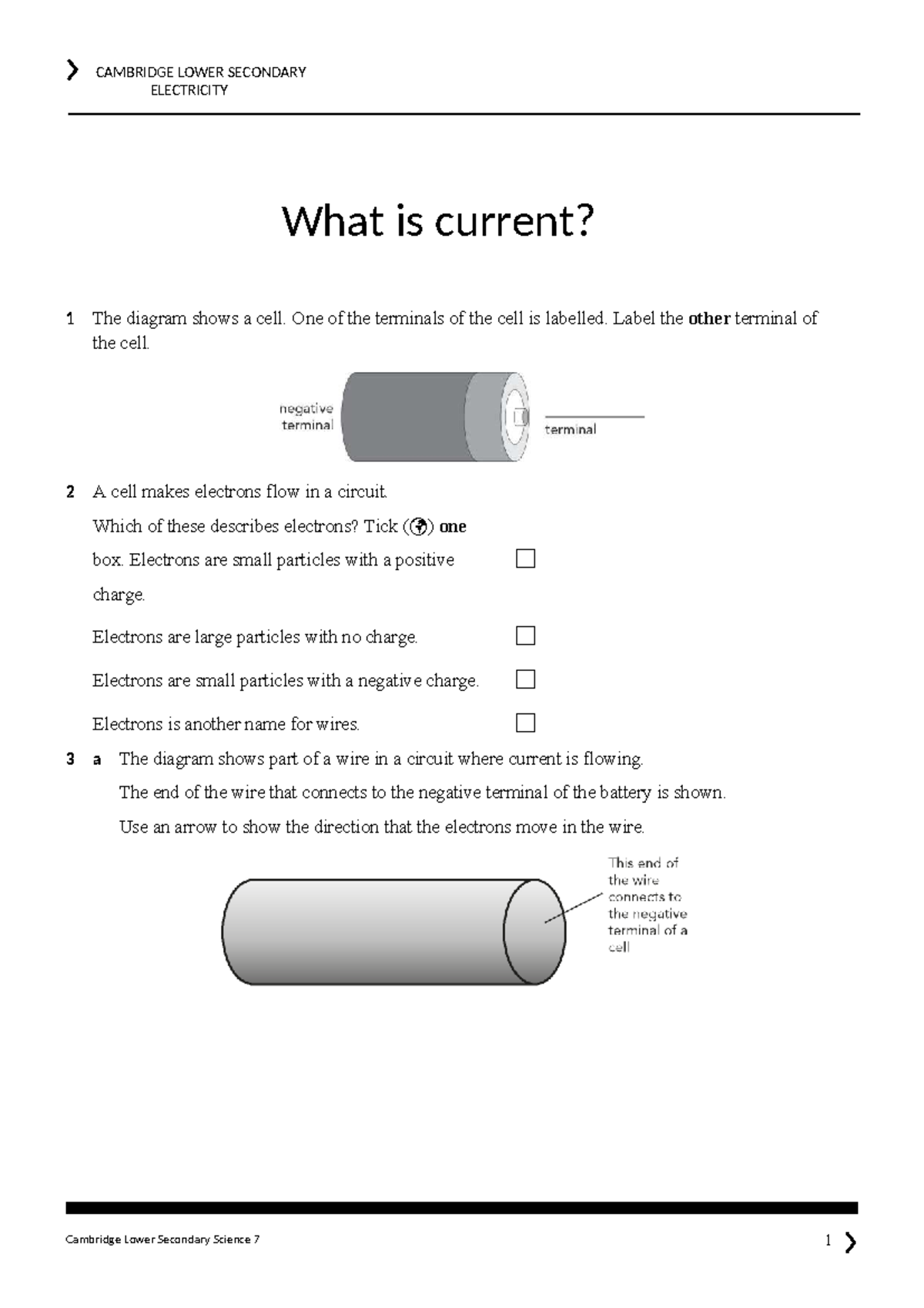 CAMBRIDGE LOWER SECONDARY SCIENCE 7 Electricity Worksheet Studocu