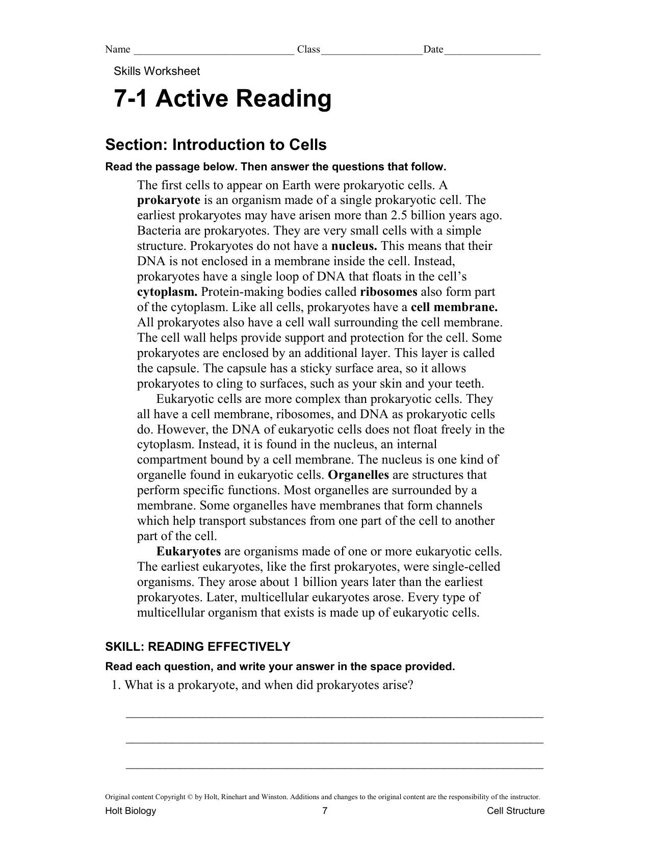 Introduction To Prokaryotic And Eukaryotic Cells Holt Biology Reading Studocu