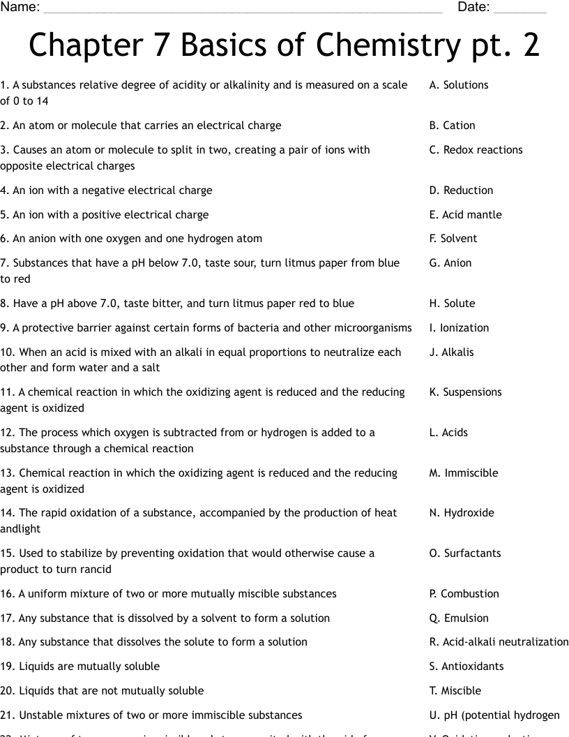 Chapter 7 Basics Of Chemistry Pt 2 Worksheet WordMint