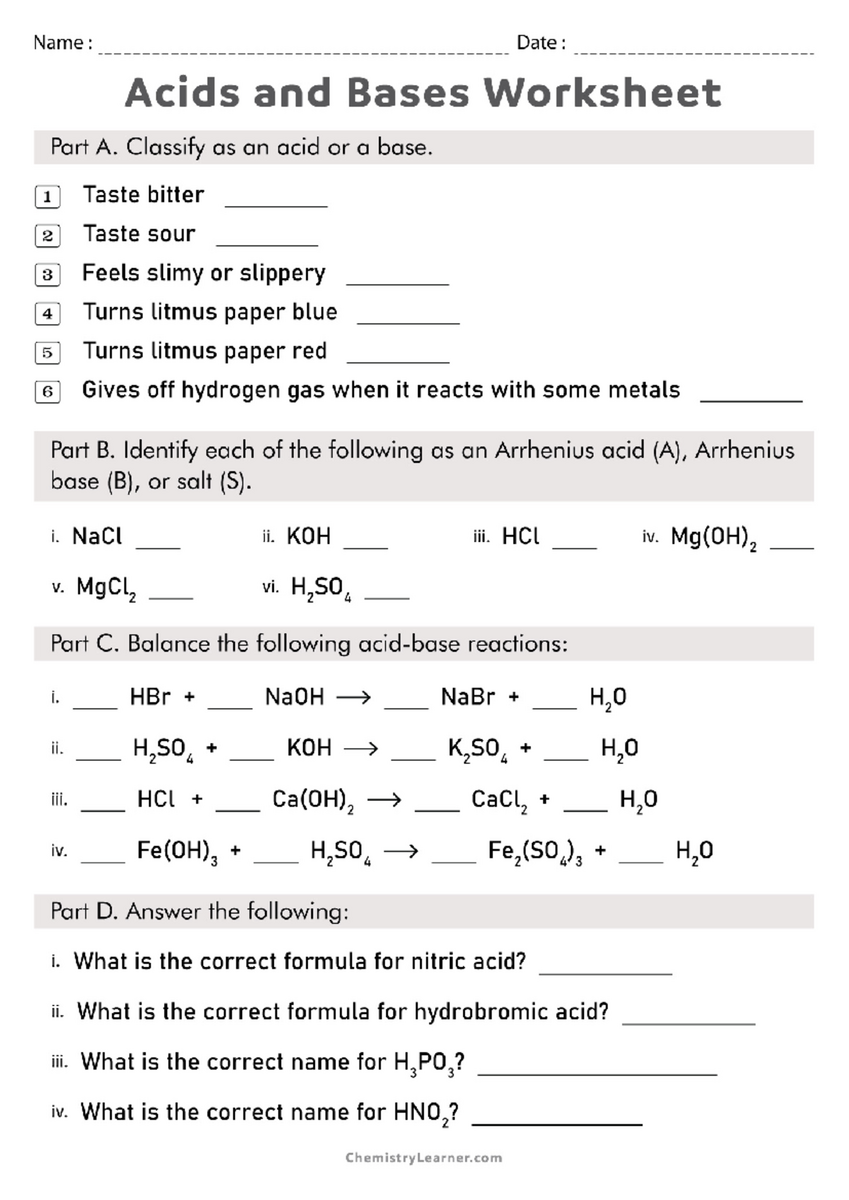 Acids Bases PH Scale Worksheet