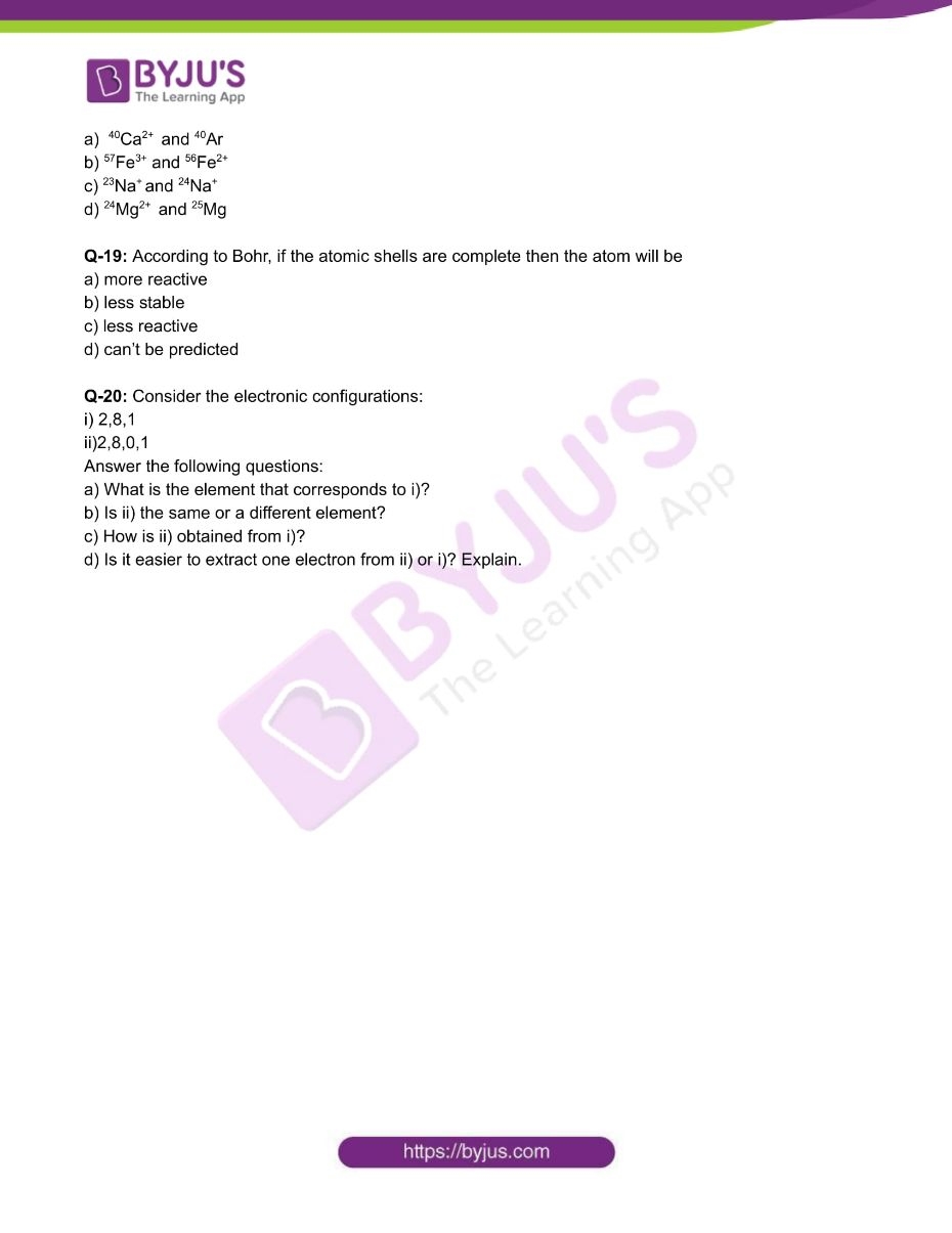 Chemistry Worksheets Class 9 On Chapter 4 Structure Of The Atom With Answers Set 3