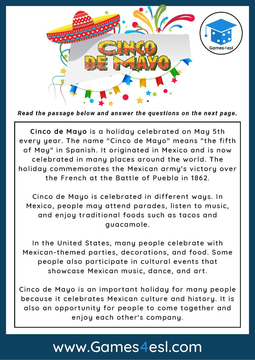Cinco De Mayo Reading Comprehension Worksheet Games4esl
