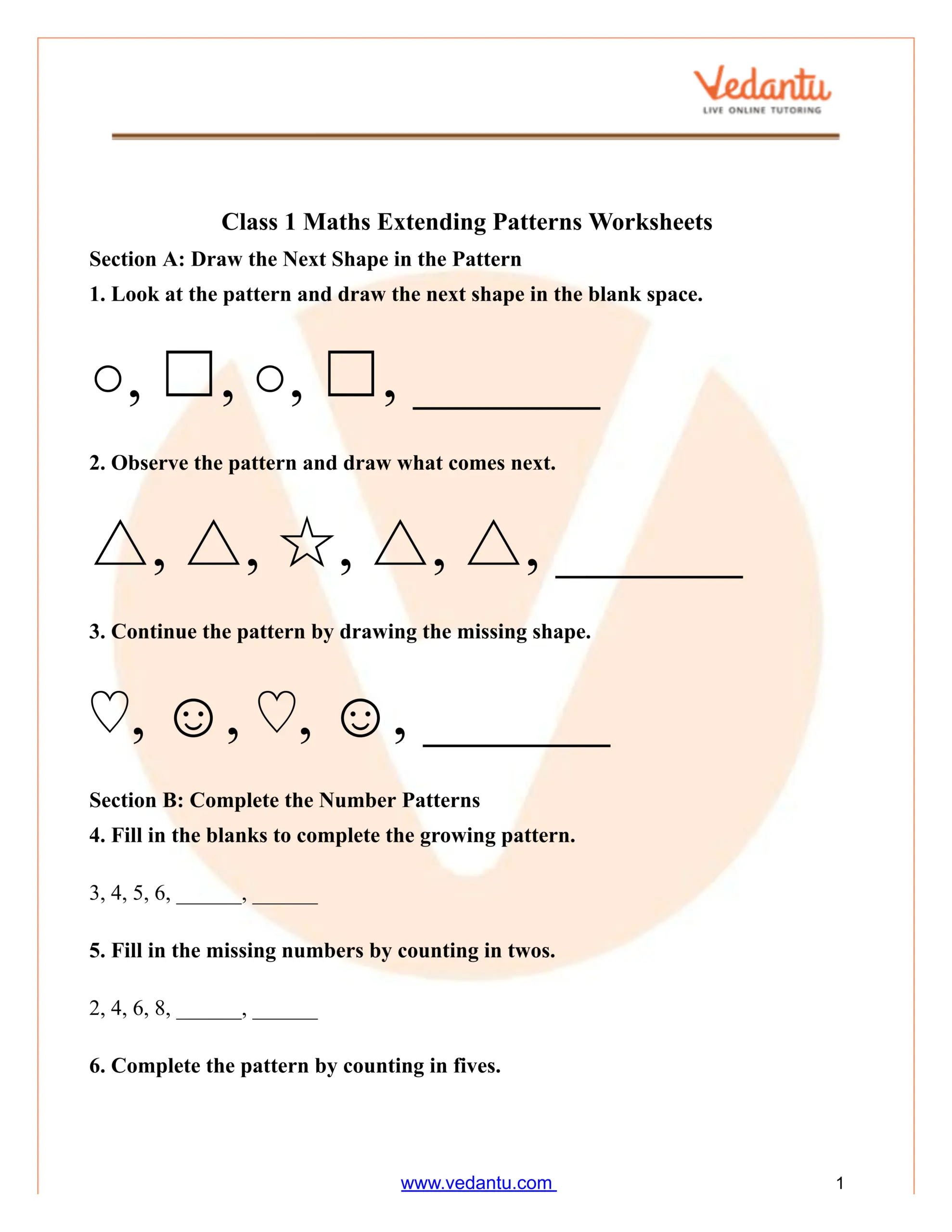 Class 1 Maths Extending Patterns Worksheet PDF Free Printable